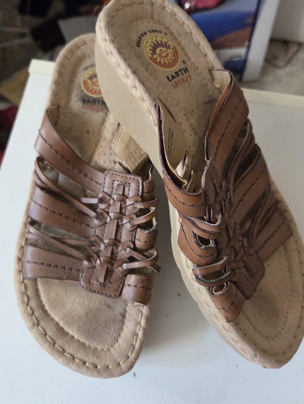 Earth Spirit Tan Woven Leather Slide Sandals - Picture 5 of 5